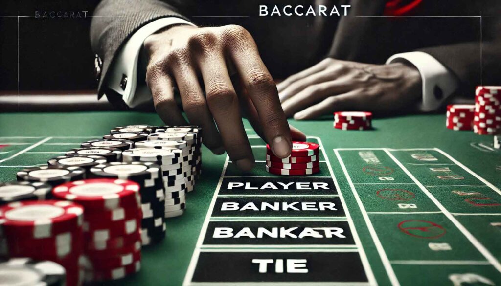 A hand places a stack of red betting chips on the “Player” section of a green baccarat table, surrounded by neatly arranged chips and labeled betting options