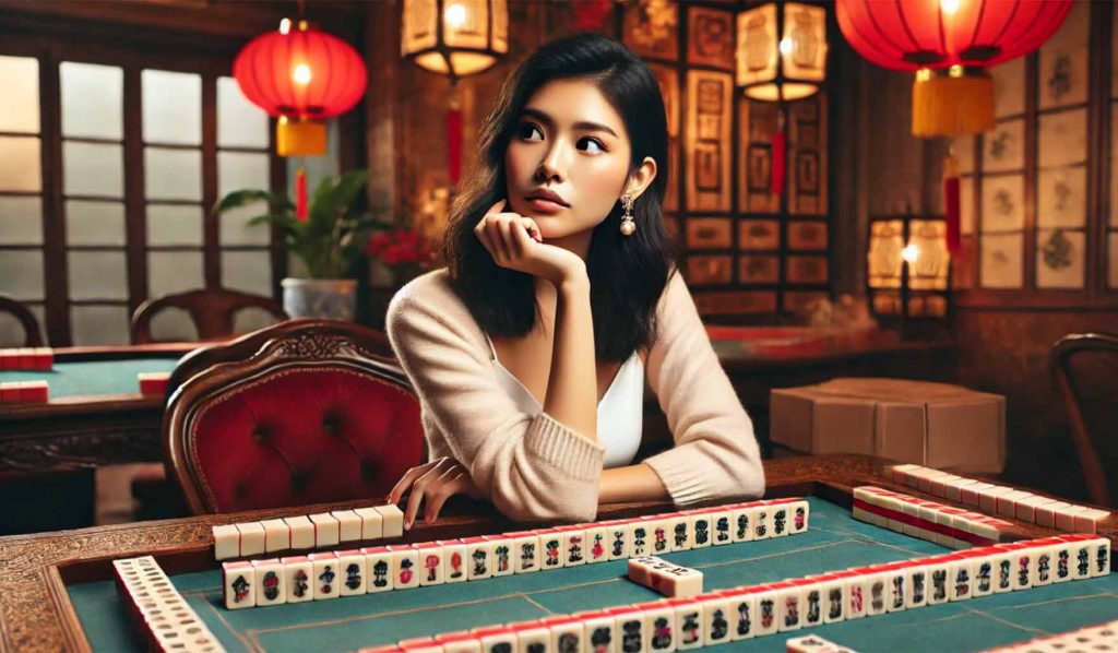 A beautiful Asian girl with black hair and tan sweater sitting at a mahjong table with tiles in front of her contemplating her strategy.