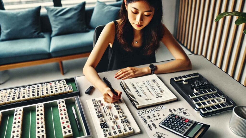 Asian girl studying how to play mahjong at her desk in her apartment