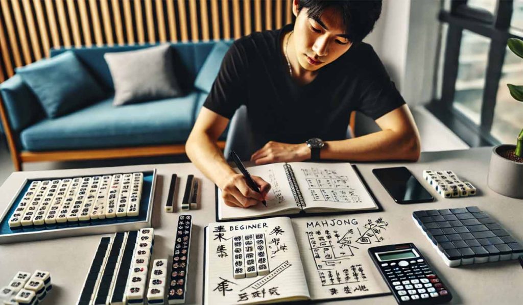 A student studying how to play mahjong at his desk in his apartment.