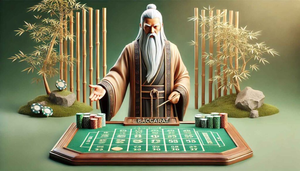 A wise-looking elder with white hair and long beard in traditional chinese attire stands at a baccarat table, gesturing and teaching, surrounded by bamboo and casino chips in a serene yet engaging setting.
