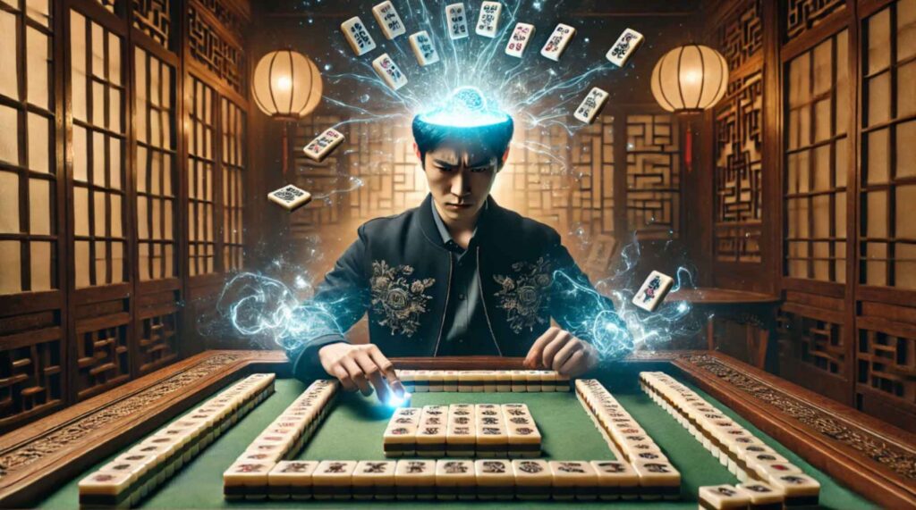 A young Asian male with telepathic power using his brain power to play a game of mahjong