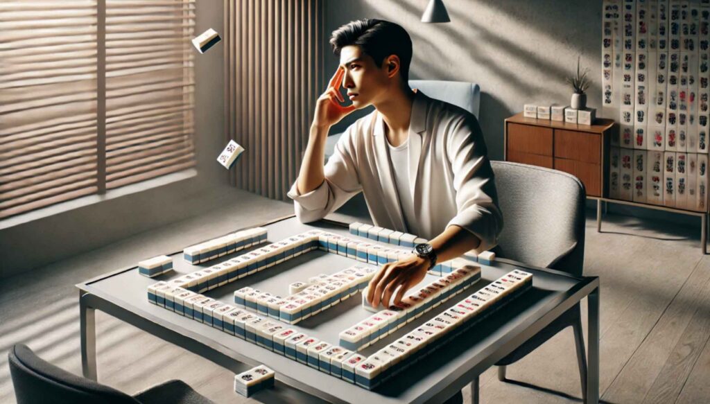 A man wearing a white shirt under a white blazer thinking about mahjong strategies while sitting at a mahjong table in his luxurious and well lit apartment
