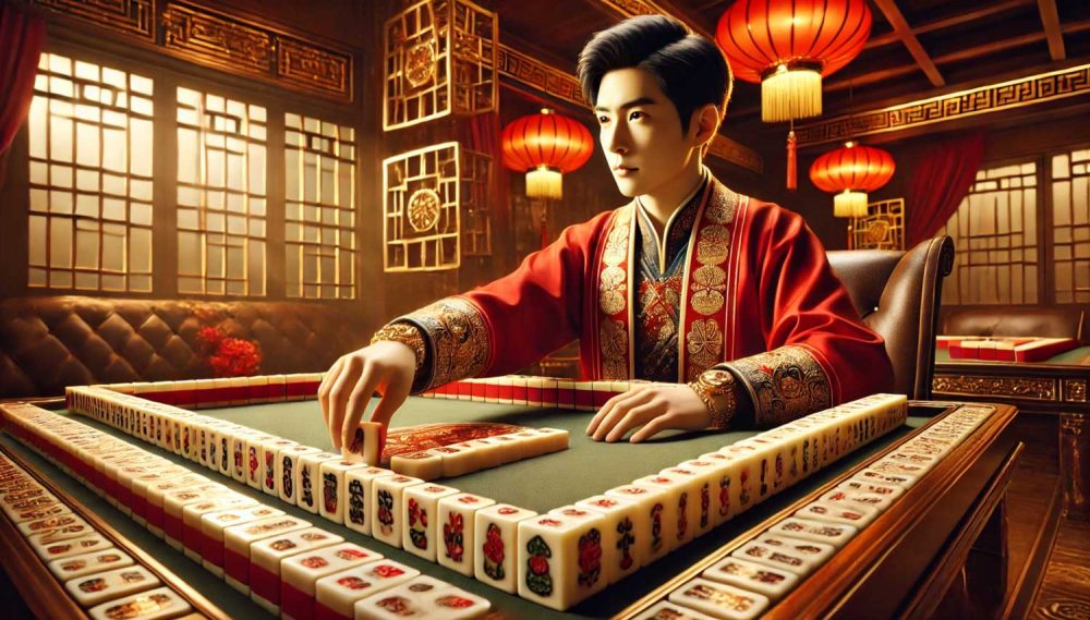 A well-dressed man in Asian traditional red attire is seated at a mahjong table in an elegant setting with ornate lanterns and wooden décor, focusing on arranging tiles during gameplay